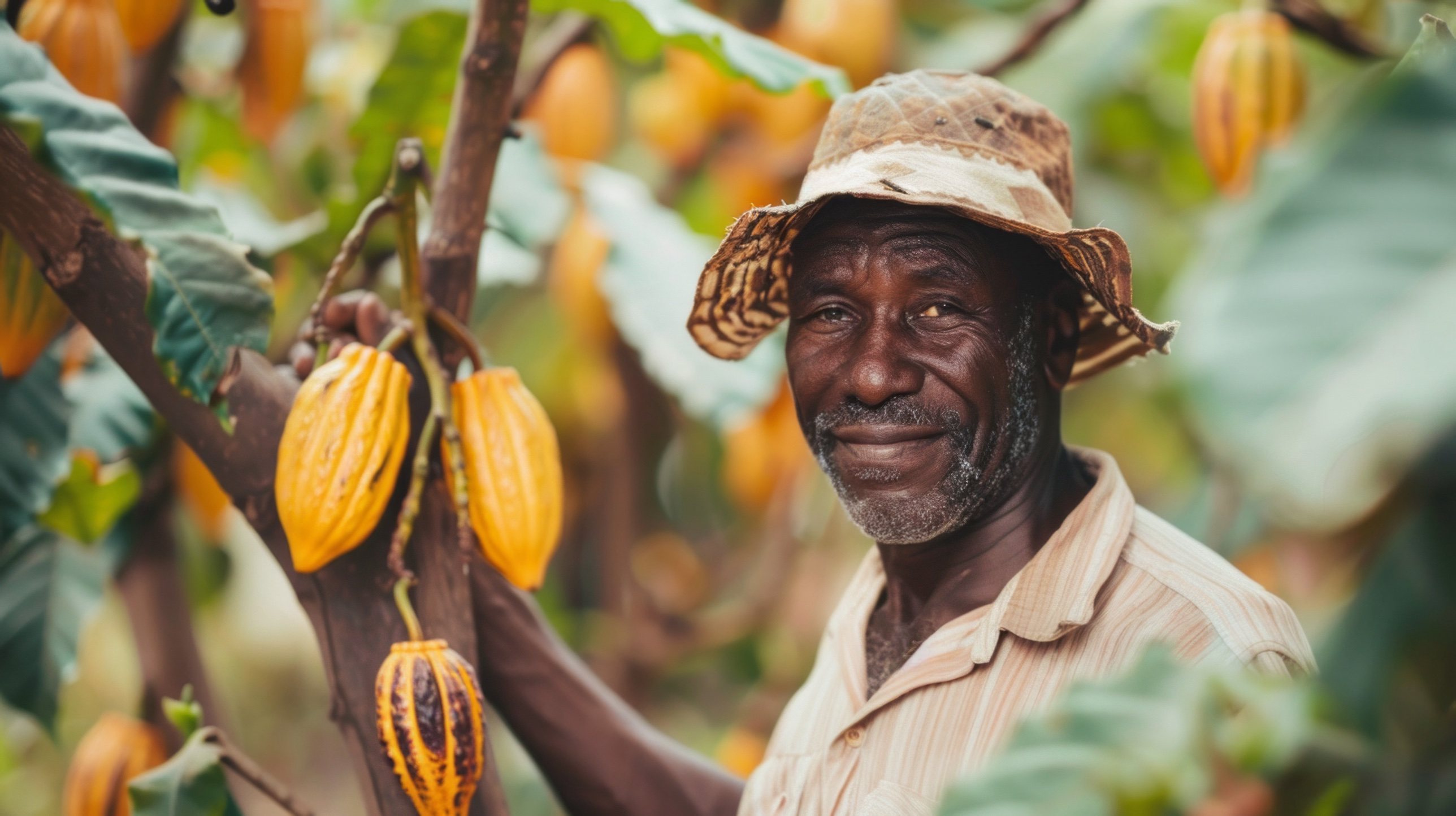Un cultivateur souriant à côté d'un cacaoyer chargé de cabosses mûres
